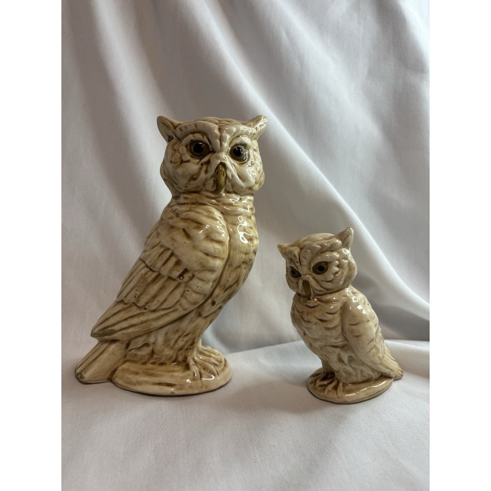 Ceramic Owl Figurine Set of Two Glazed Brown Collectible Birds
